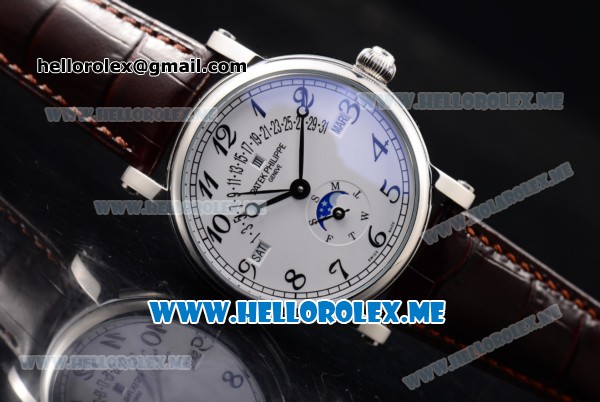 Patek Philippe Grand Complications Asia ST25 Automatic Steel Case with White Dial and Brown Leather Strap Arabic Numeral Markers - Click Image to Close